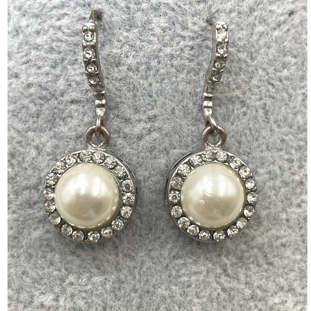 Vintage 1980s Faux Pearl Rhinestone Halo, Silver Tone Bridal Wedding Earrings